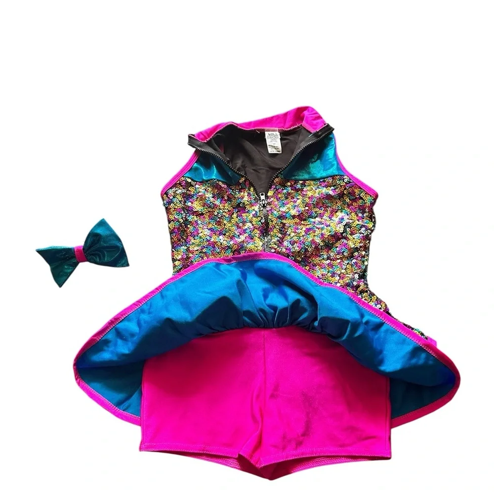 A Wish come true Multicolor Sequin Kids Dance Costume with Bow
